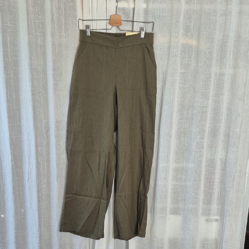 NWT Max Studio Olive Green High-Waisted Wide Leg Trousers Pants Linen